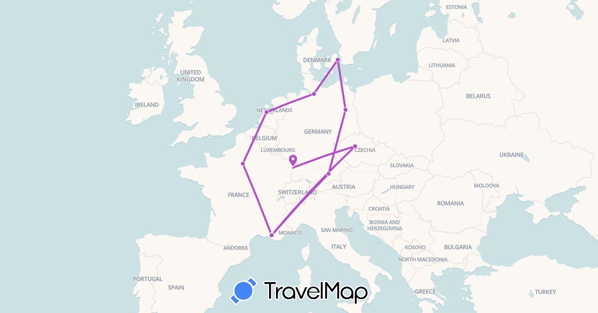 TravelMap itinerary: train in Czech Republic, Germany, Denmark, France, Netherlands (Europe)