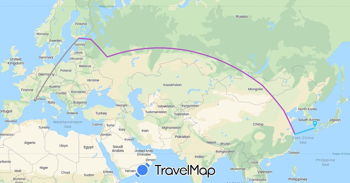 TravelMap itinerary: plane, train, boat in China, France, Japan, Mongolia, Russia (Asia, Europe)